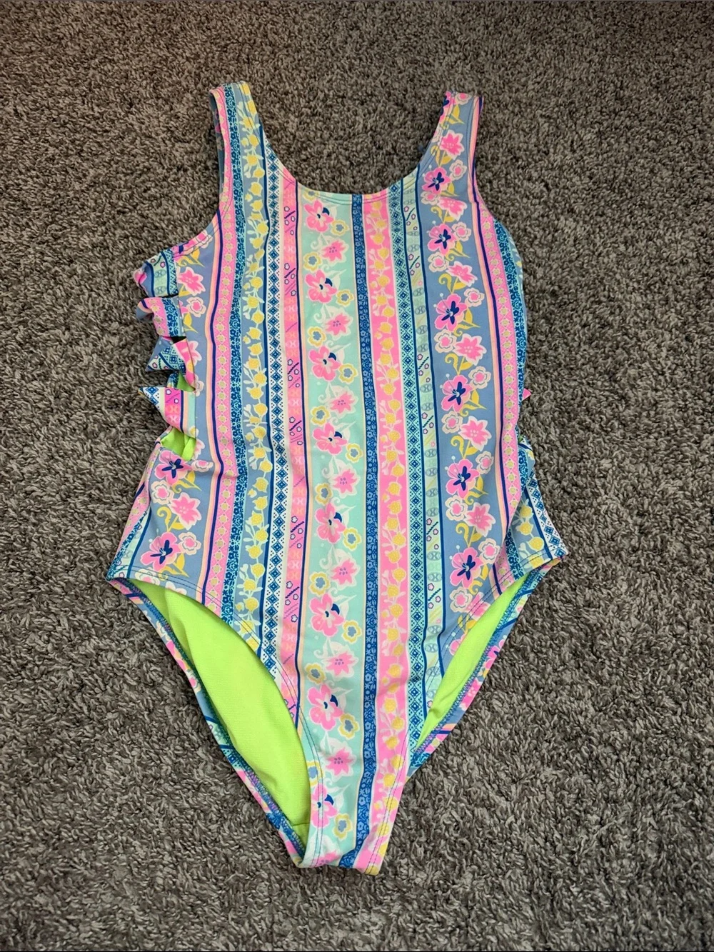 Girls Floral Stripe One-Piece Swimsuit - Pink & Blue